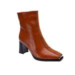 Stylish Contemporary Womens Warm Brown Leather High Heel Ankle Chunky Boots